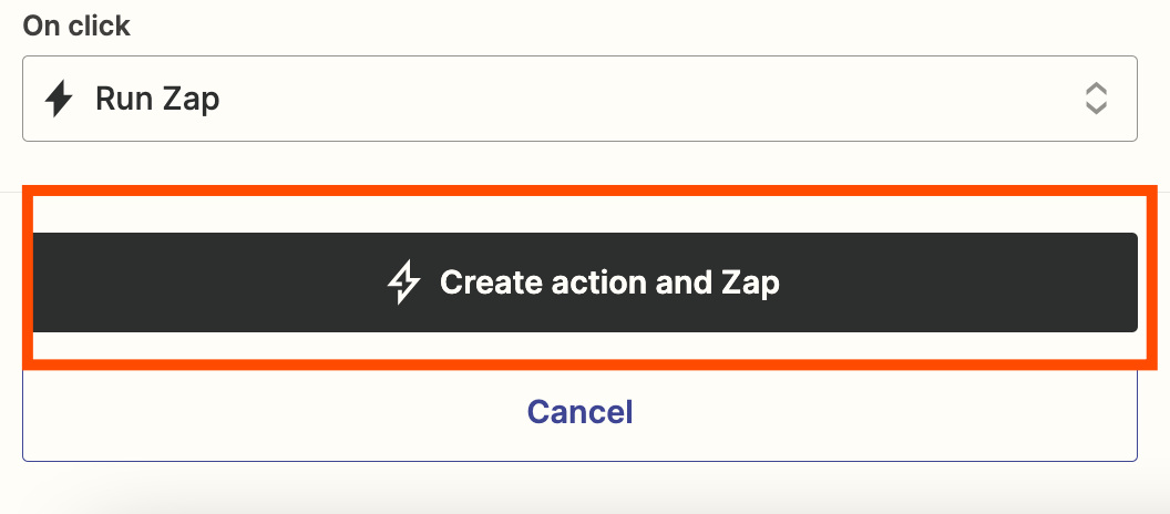 An orange box around the "Create action and Zap" button.