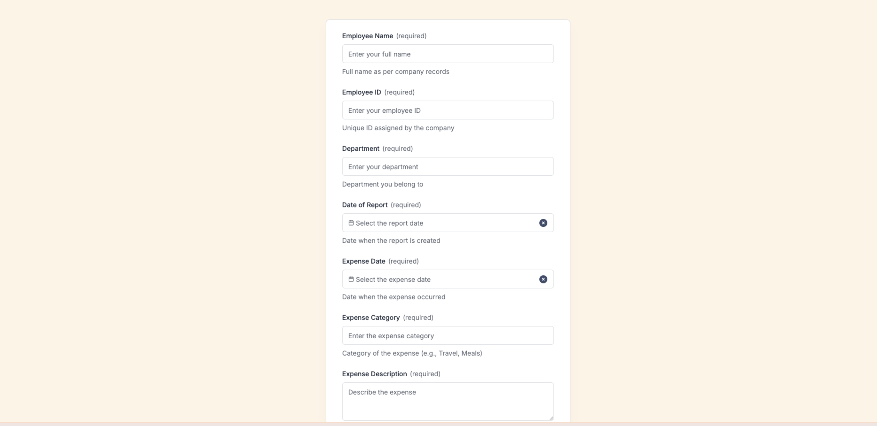 An expense form built on Zapier Interfaces with fields for employee name, ID, department, date of report, expense date, expense category, and expense description.