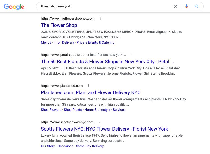 A Google search for "flower shop new york"