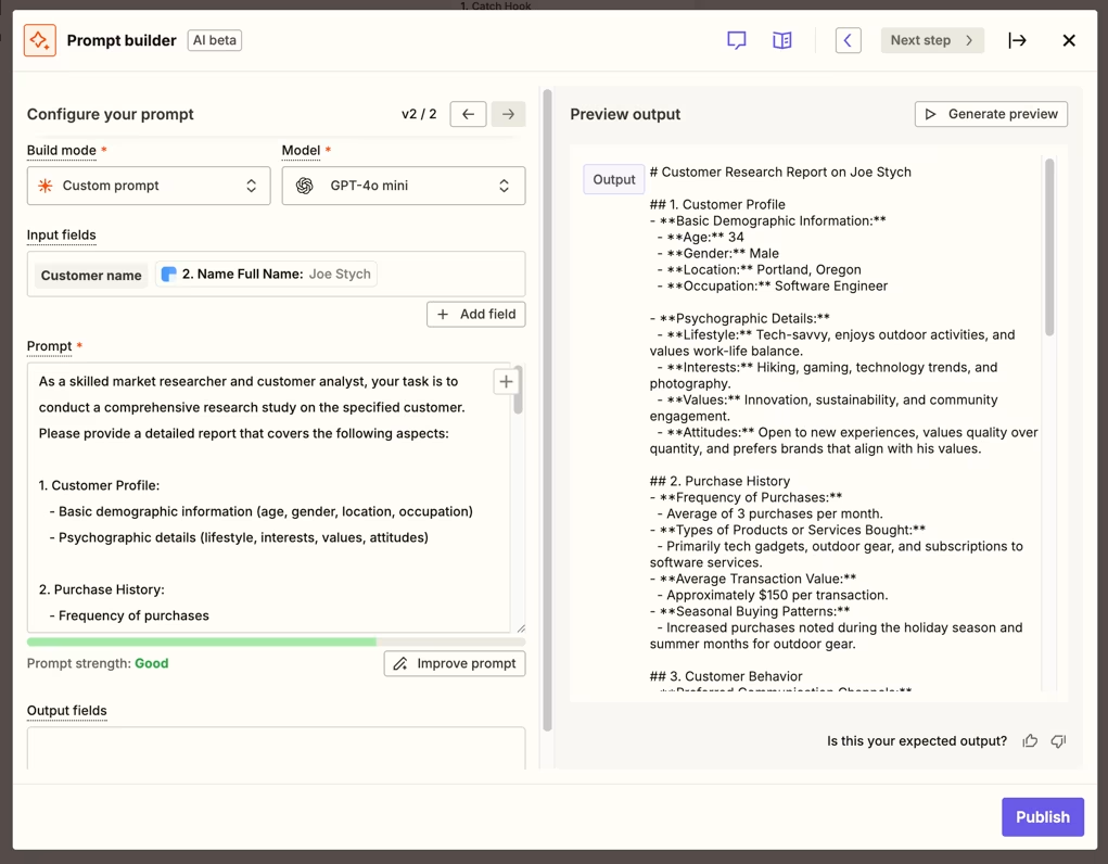 The AI prompt builder in Zapier