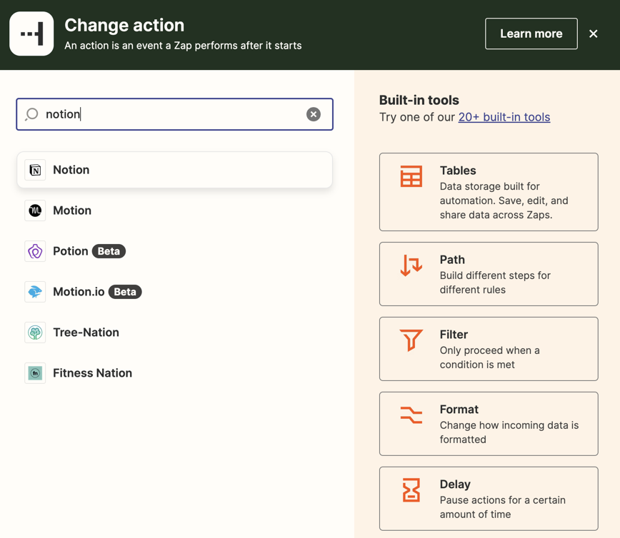 An action step in the Zap editor with Notion entered in the action app search bar.
