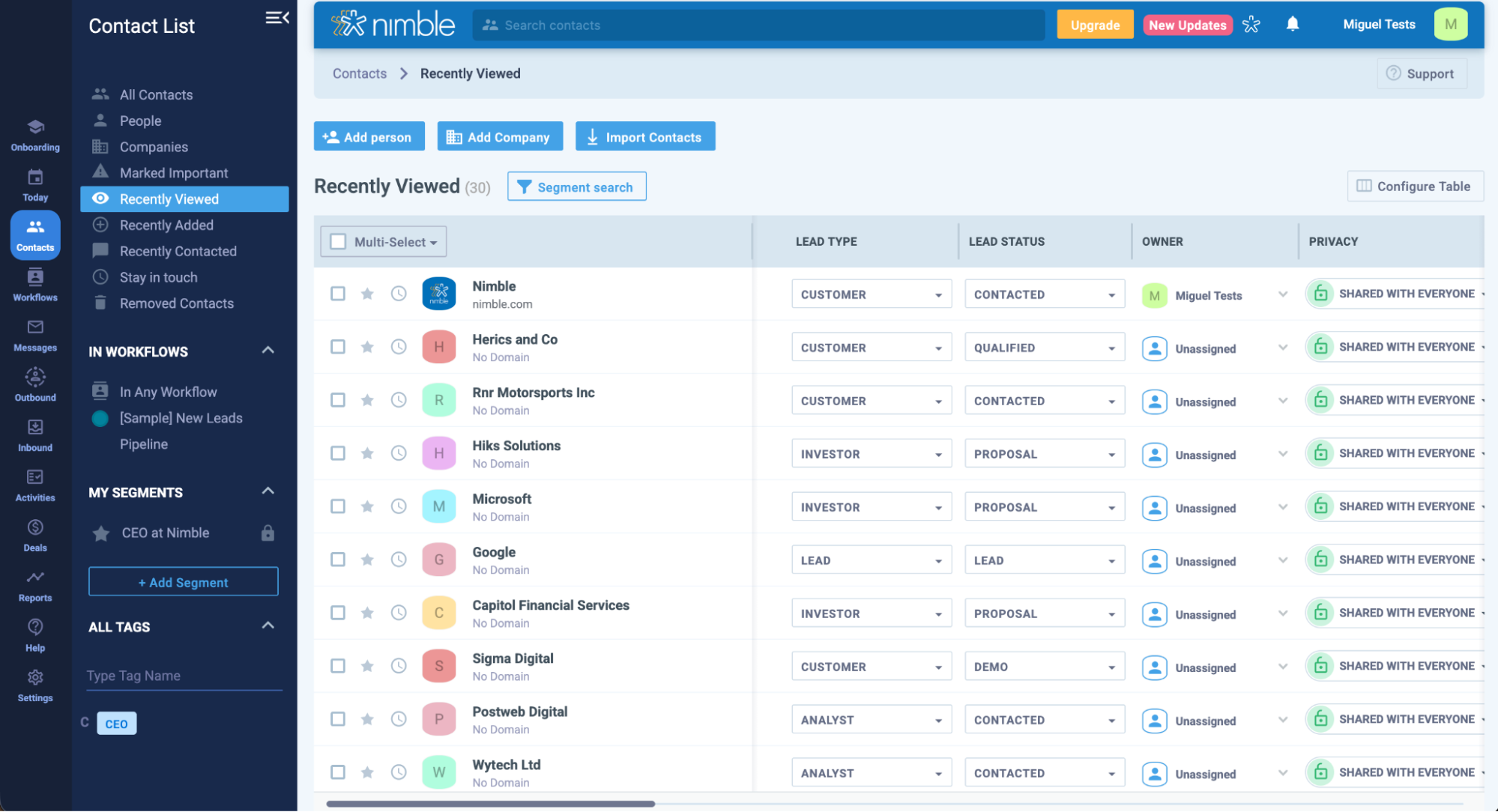 A screenshot of Nimble, our pick for the best CRM for customer prospecting