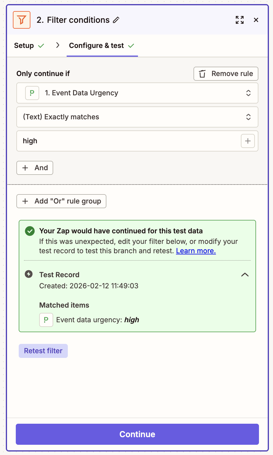 The Configure and test tab for a Filter by Zapier step