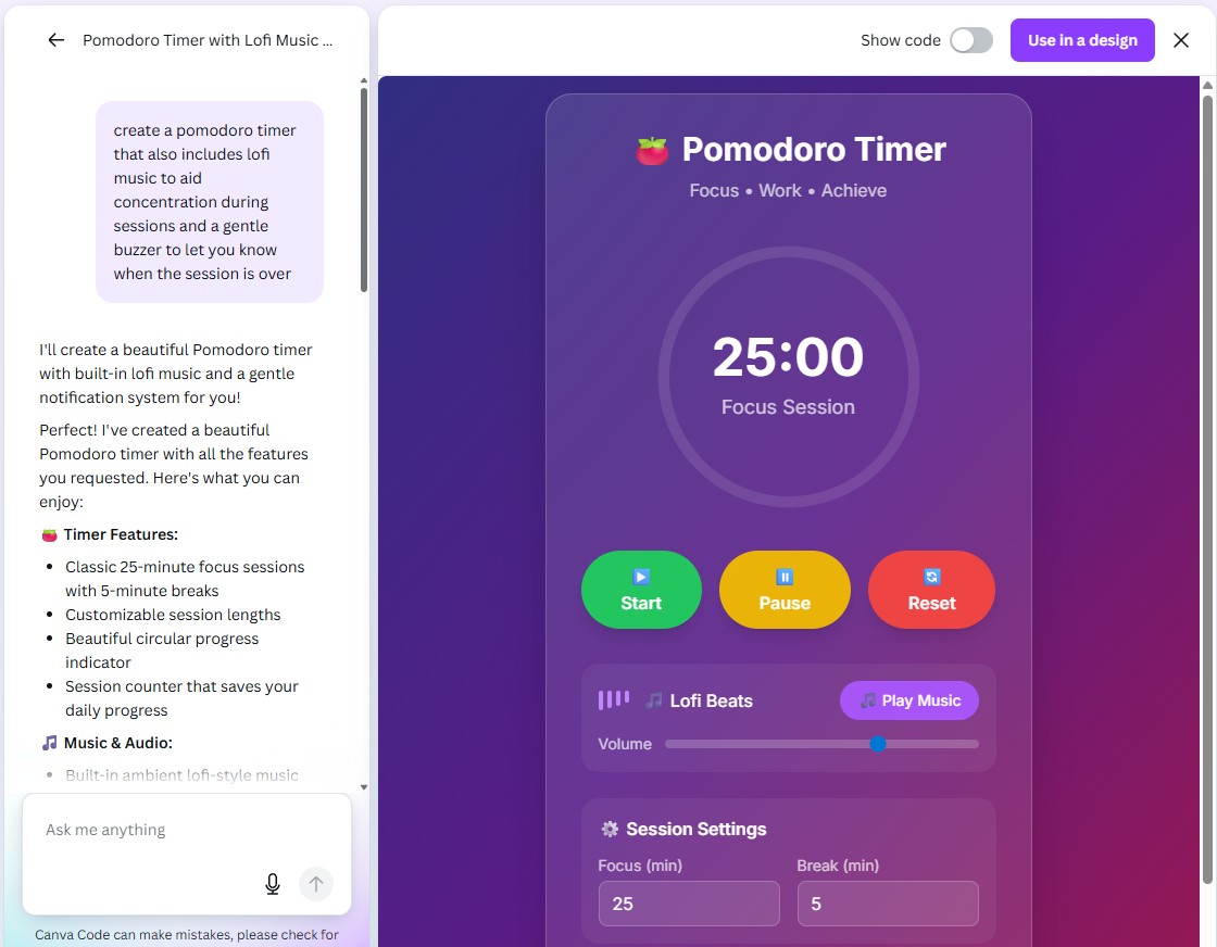 The Pomodoro timer Ryan made in Canva Code