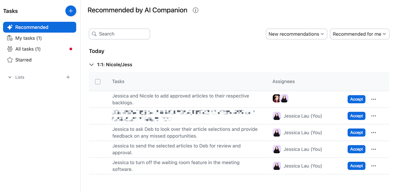 AI-recommended tasks lists in Zoom Tasks.