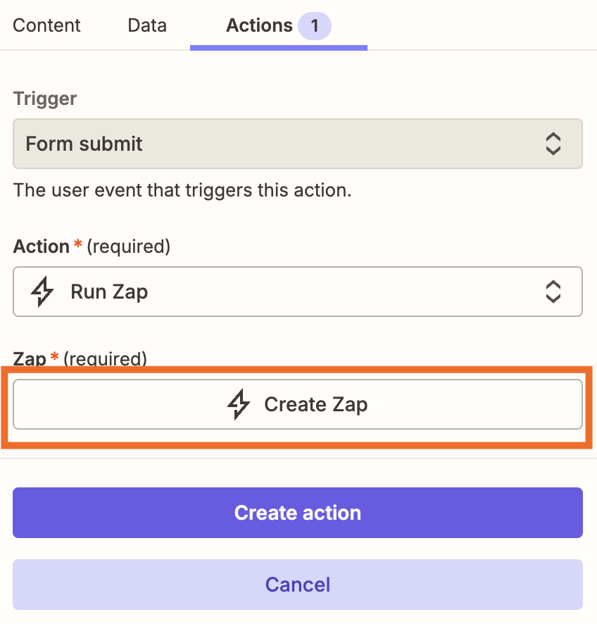 Actions tab with Form submit trigger, Run Zap selected, and a highlighted Create Zap button above a purple Create action button