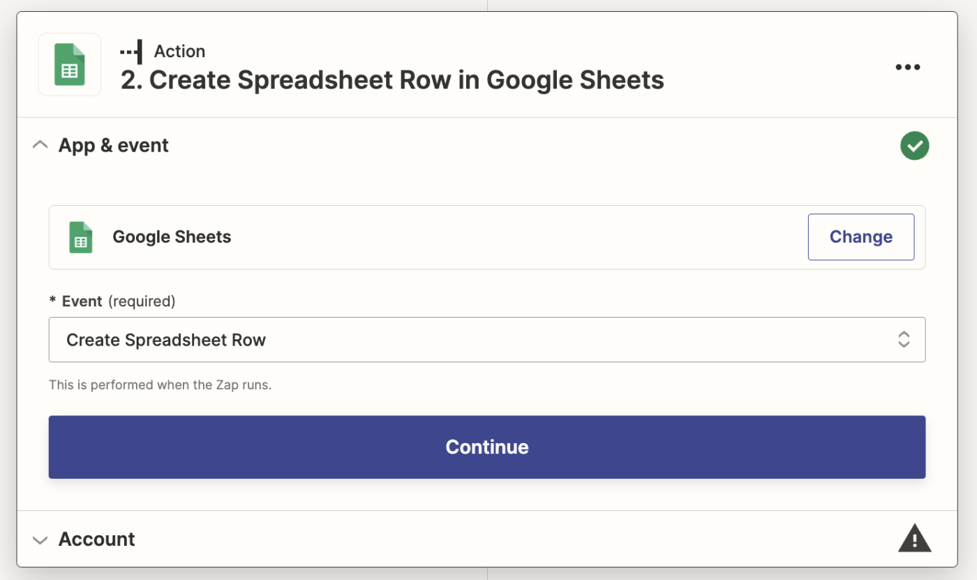 A Google Sheets action step with Google Sheets selected for the action app and Create Spreadsheet row selected for the action event.