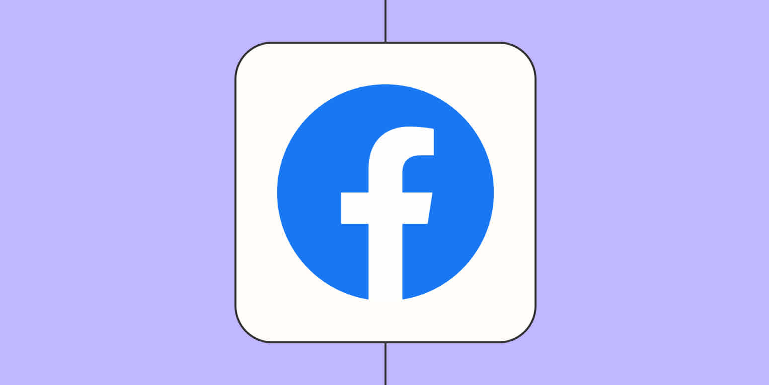 A hero image of the Facebook app logo on a light purple background.