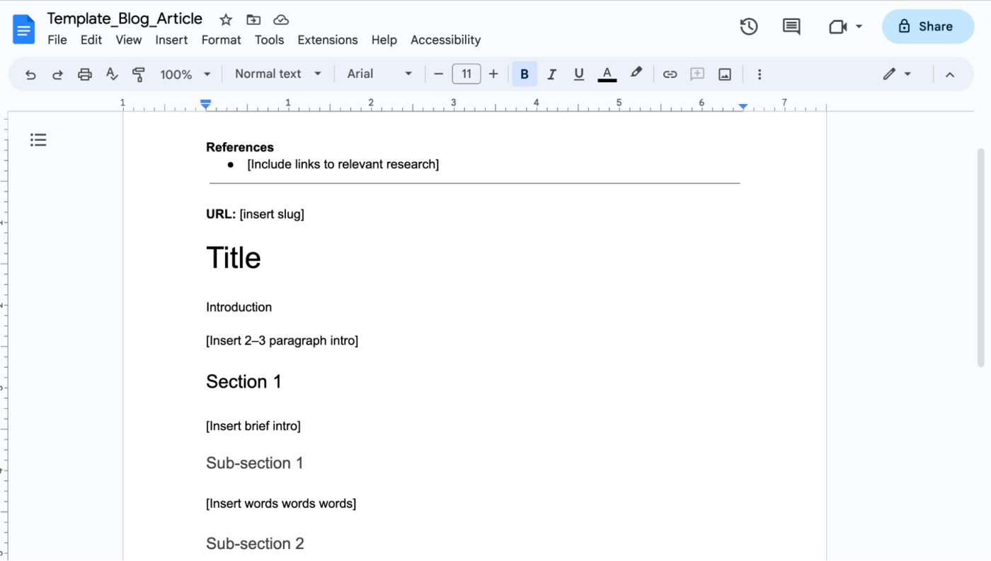 Templated blog article outline in Google Docs. 