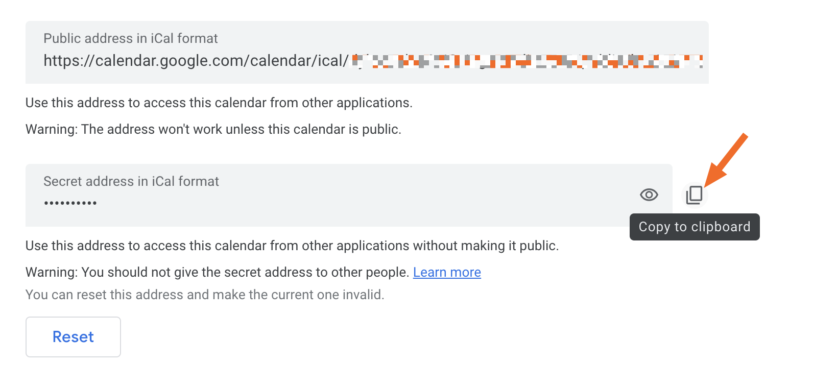 Public and secret iCal URLs with the option to copy the secret URL highlighted.