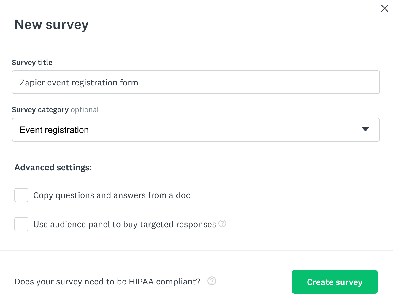 New survey window in SurveyMonkey. 