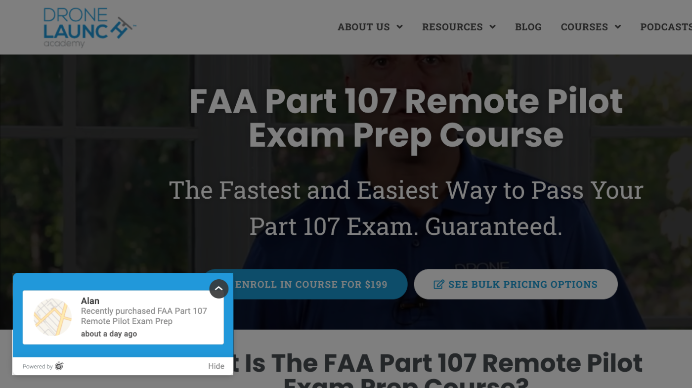 A social proof pop-up on the Drone Launch Academy website