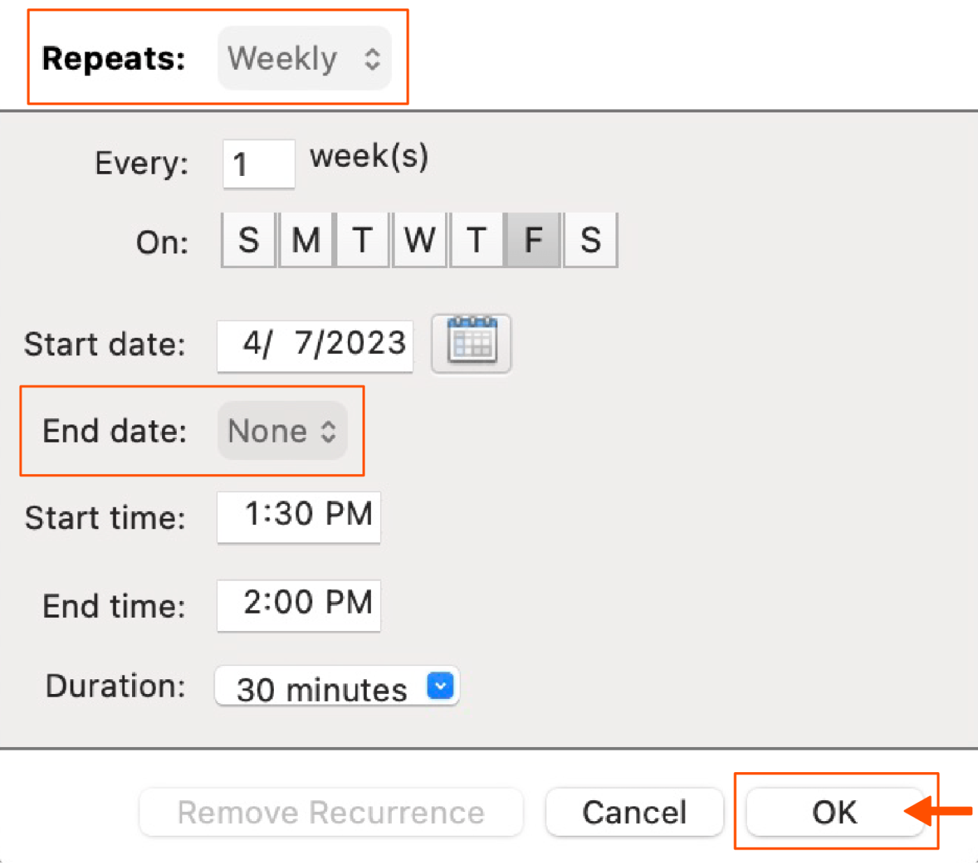 Screenshot showing how to create a repeating reminder in Outlook.