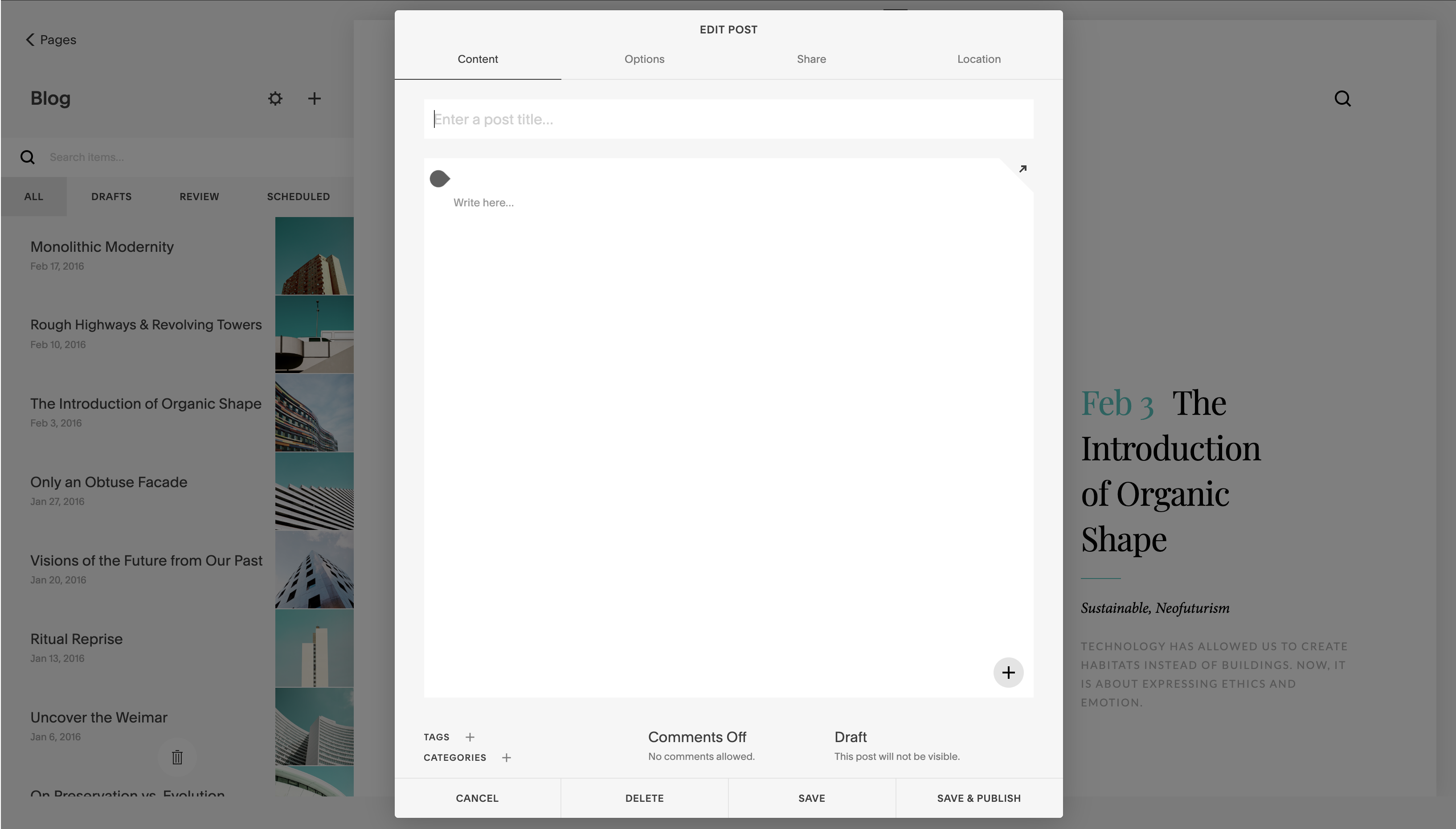 The post creation window in Squarespace.