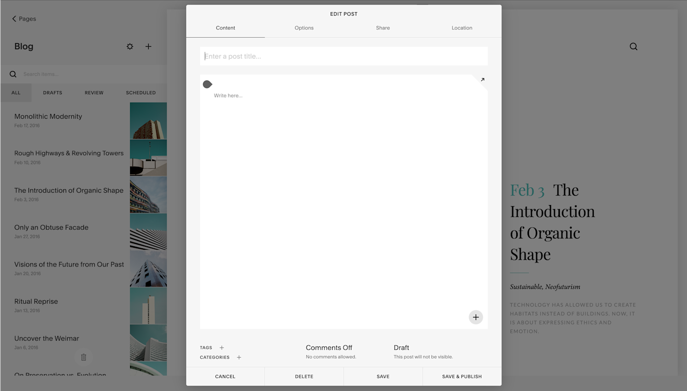 The post creation window in Squarespace.