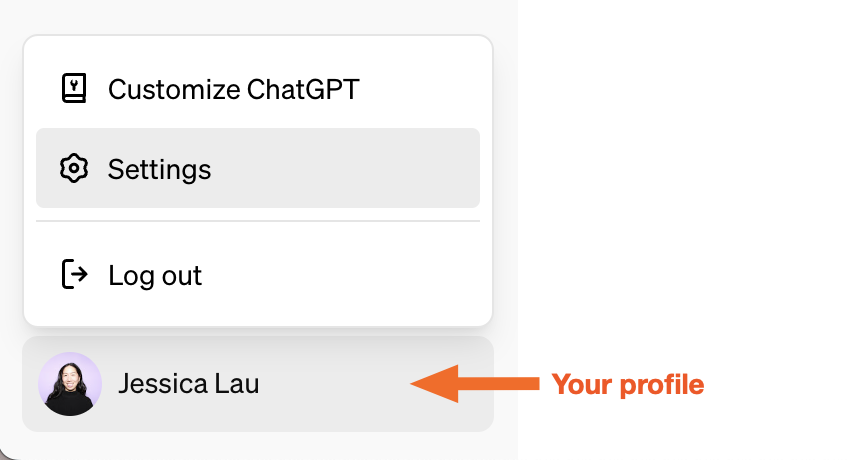 ChatGPT homepage with an expanded view of the profile dropdown.