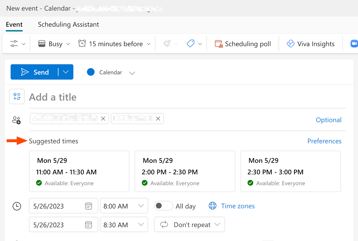 Portion of a new event window in Outlook calendar. There's an arrow pointing to the section with three suggested meeting times.