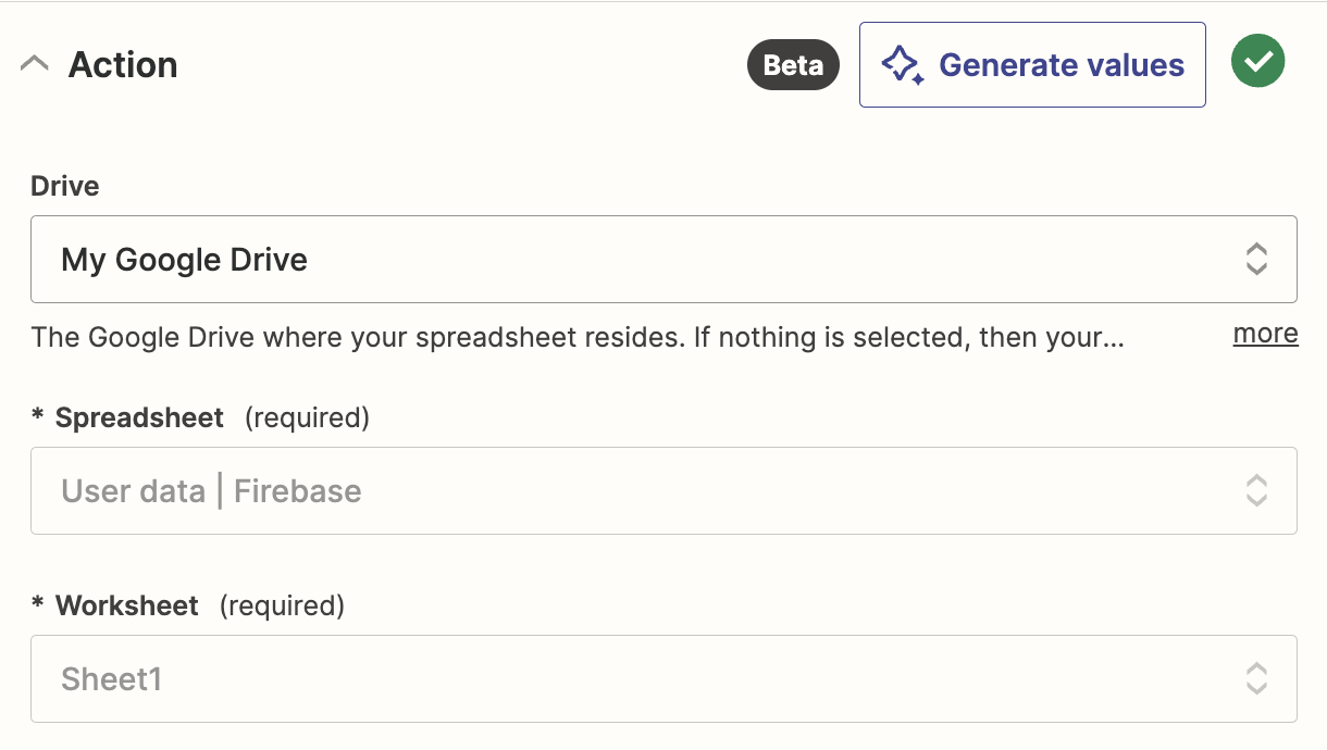 A screenshot of the "Drive", "Spreadsheet", and "Worksheet" fields in the Google Sheets action step setup.