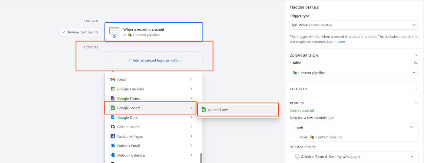 Screenshot of append row option in Airtable