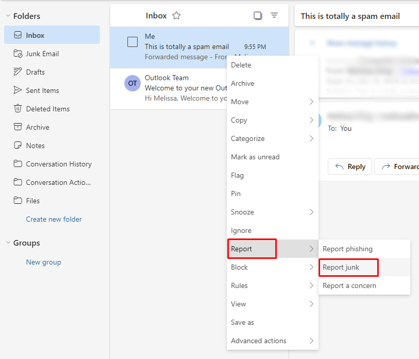 Report junk button in Outlook