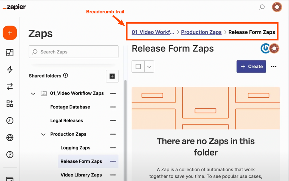 An orange box with the label breadcrumb trail around a breadcrumb at the top of a folder view.