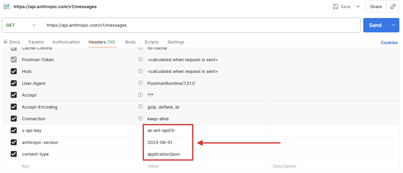 Pasting the API key into the Value field in Postman