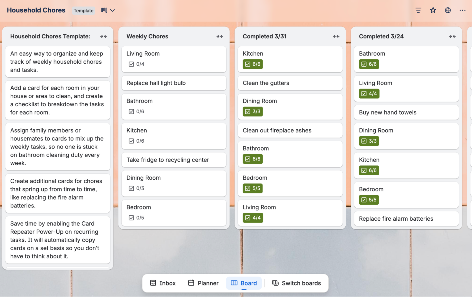 Trello board example for household chores.