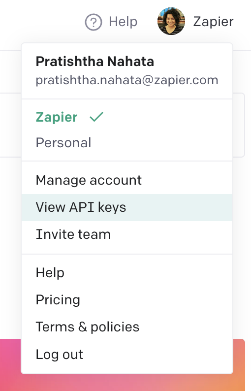 An account settings window in OpenAI with View API Keys highlighted.