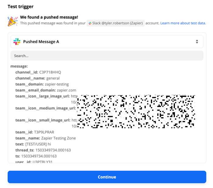 A screenshot of test data Zapier found in Slack. It includes things like channel id, channel names, icons, and message text.team names, 