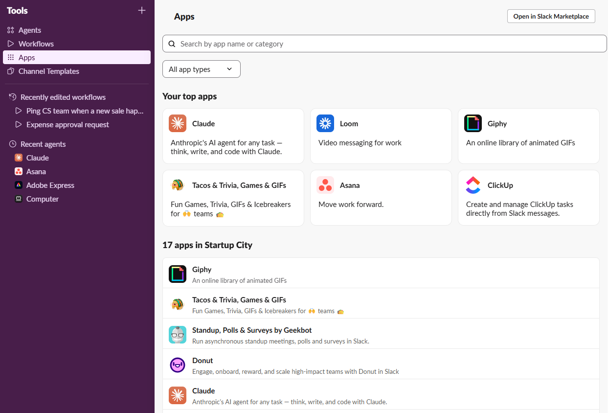 The Slack app directory within Slack