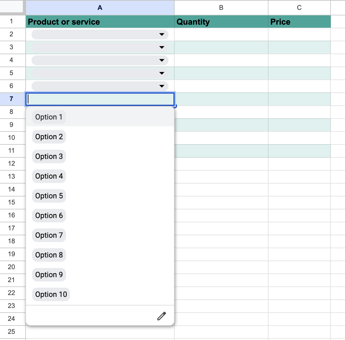 Selecting products and services from the dropdowns