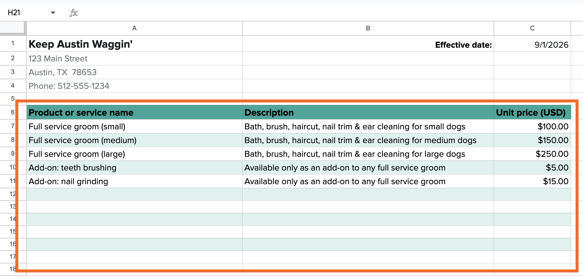 Google Sheets price list template with the product names, descriptions, and pricing updated and highlighted.