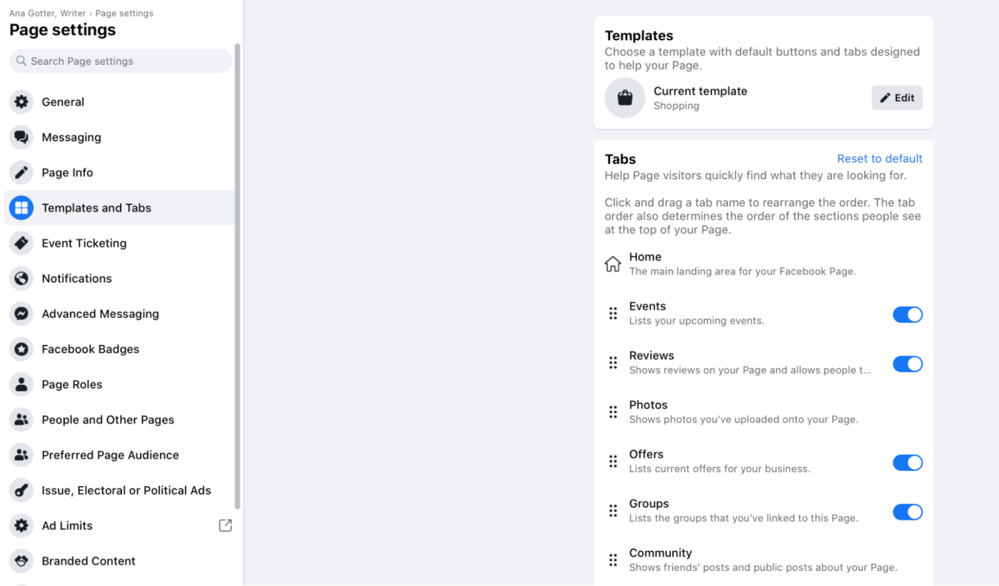 A screenshot of the Facebook interface, with the Templates and Tabs section highlighted on the left and the selection panel open on the right.