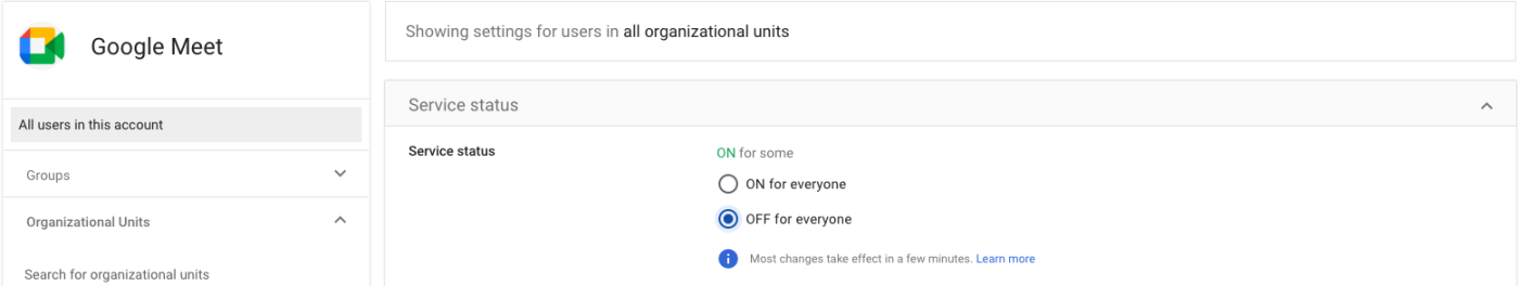 Turning Google Meet off in the Google Admin console