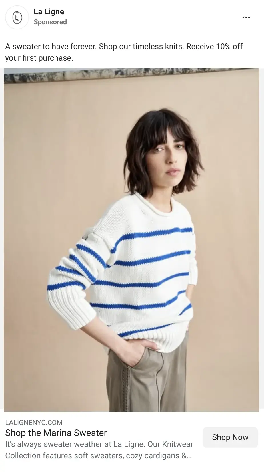 A Facebook ad promoting the Marina Sweater from La Ligne featuring a woman wearing a white sweater with blue horizontal stripes.