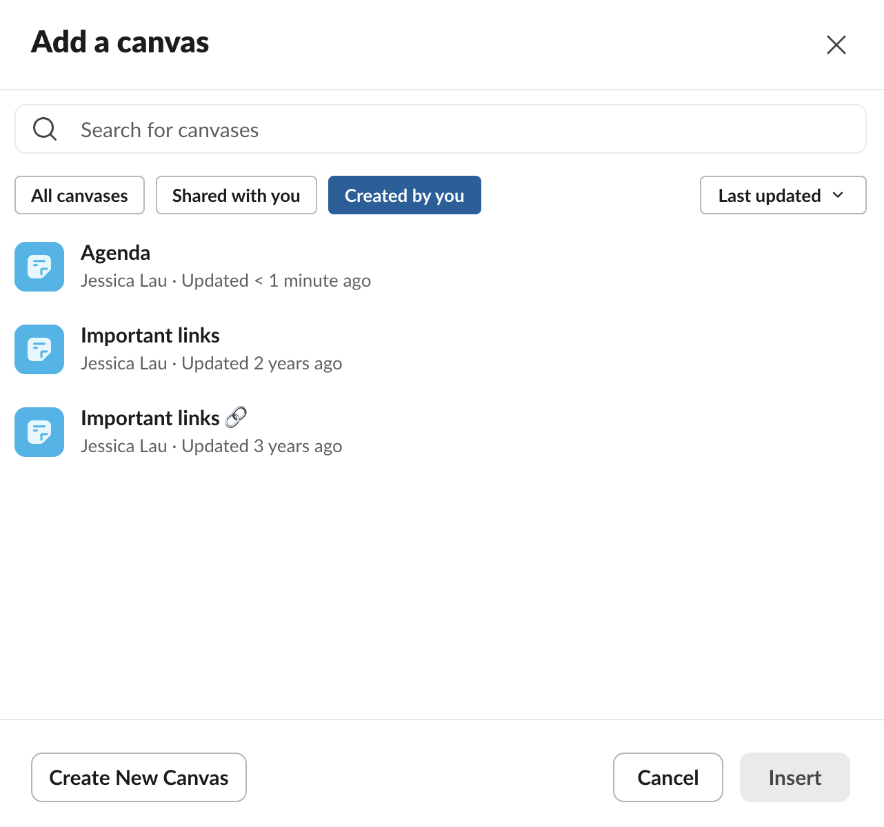 Slack Canvas with a list of canvases.