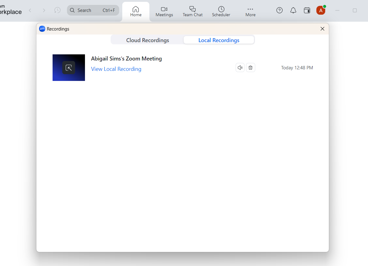 Screenshot of recordings tab in Zoom app