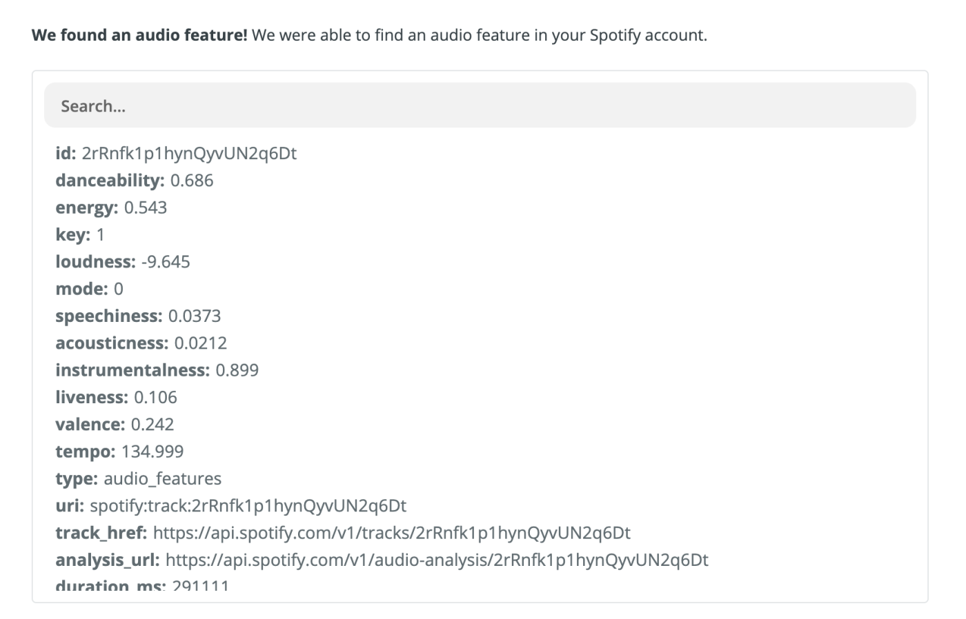 Sample data when you test the step to get audio features for a track