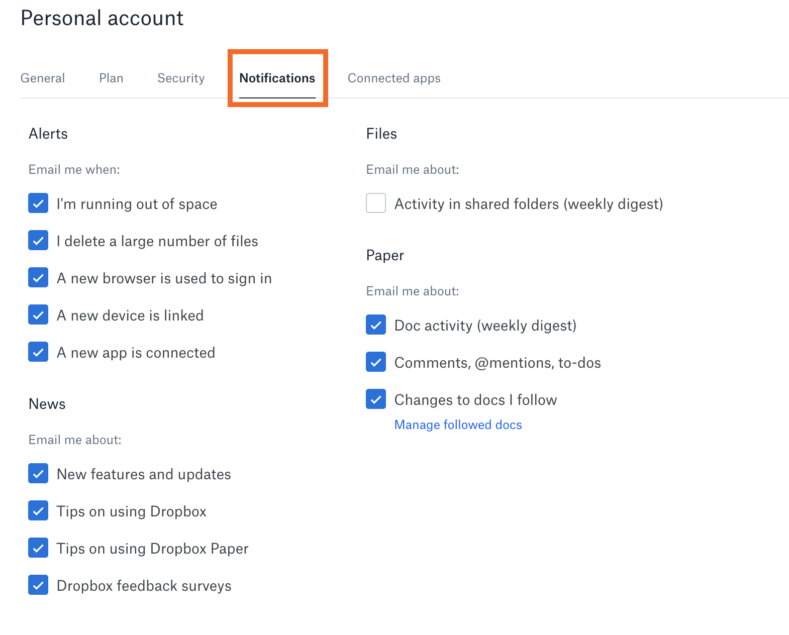 Dropbox email notifications