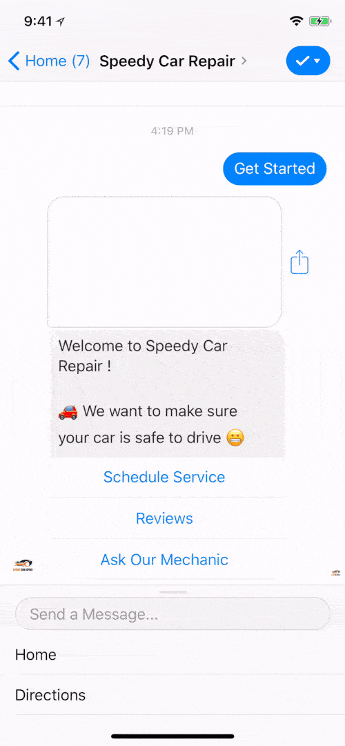 Showing a welcome message from a car repair service