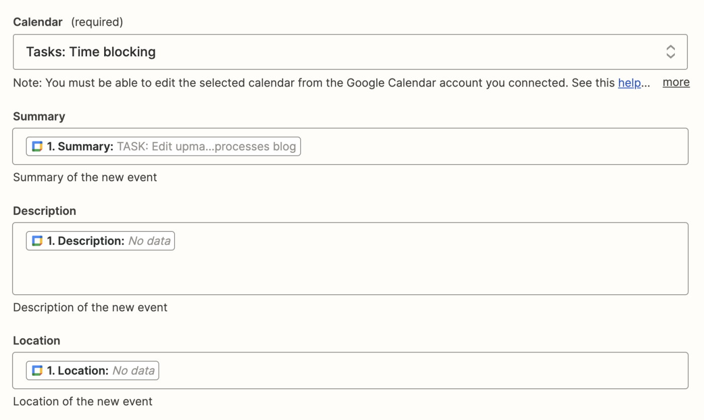 Fields for a Google Calendar trigger step with text and data entered in the fields.