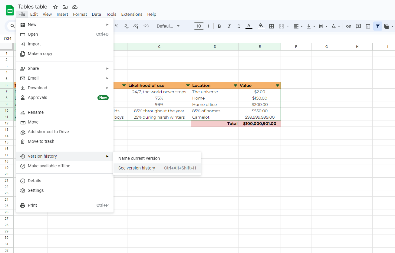 Screenshot showcasing how to use the version history feature in Google Sheets