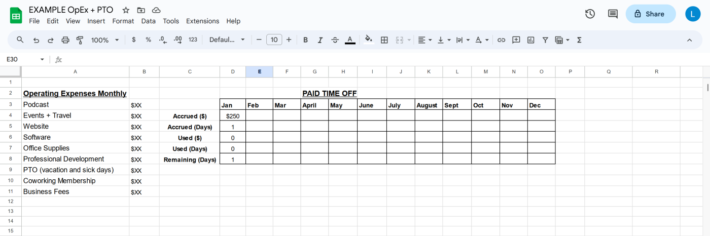 An example spreadsheet for PTO fund tracking
