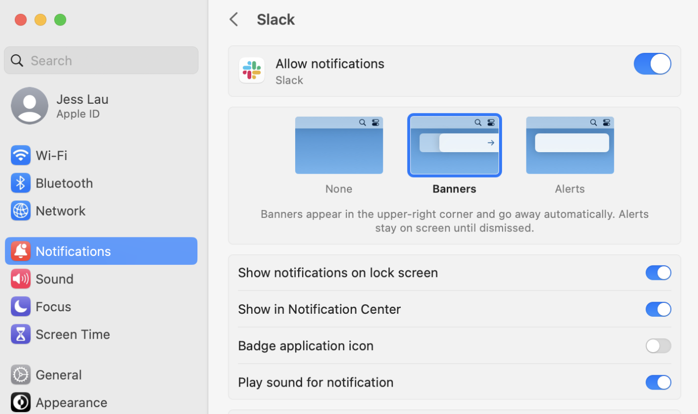 Mac notification settings for Slack.