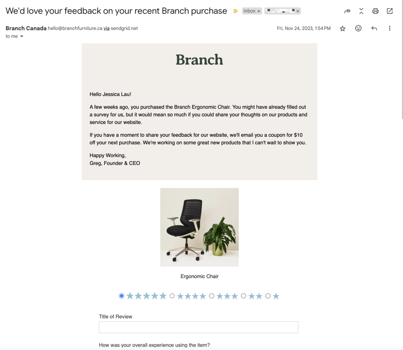 Feedback request email marketing example from the office furniture company Branch.