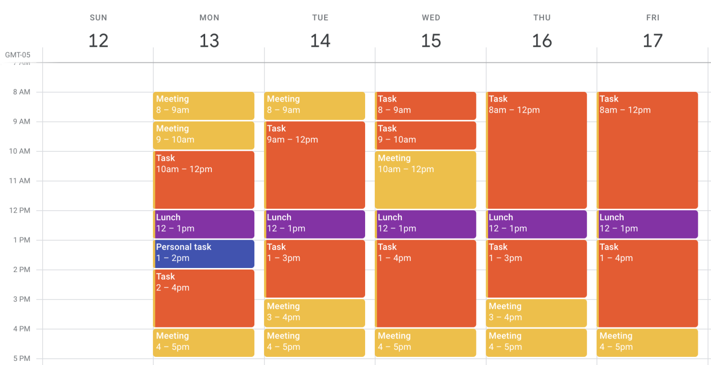 Example of the time blocking method in a Google Calendar.