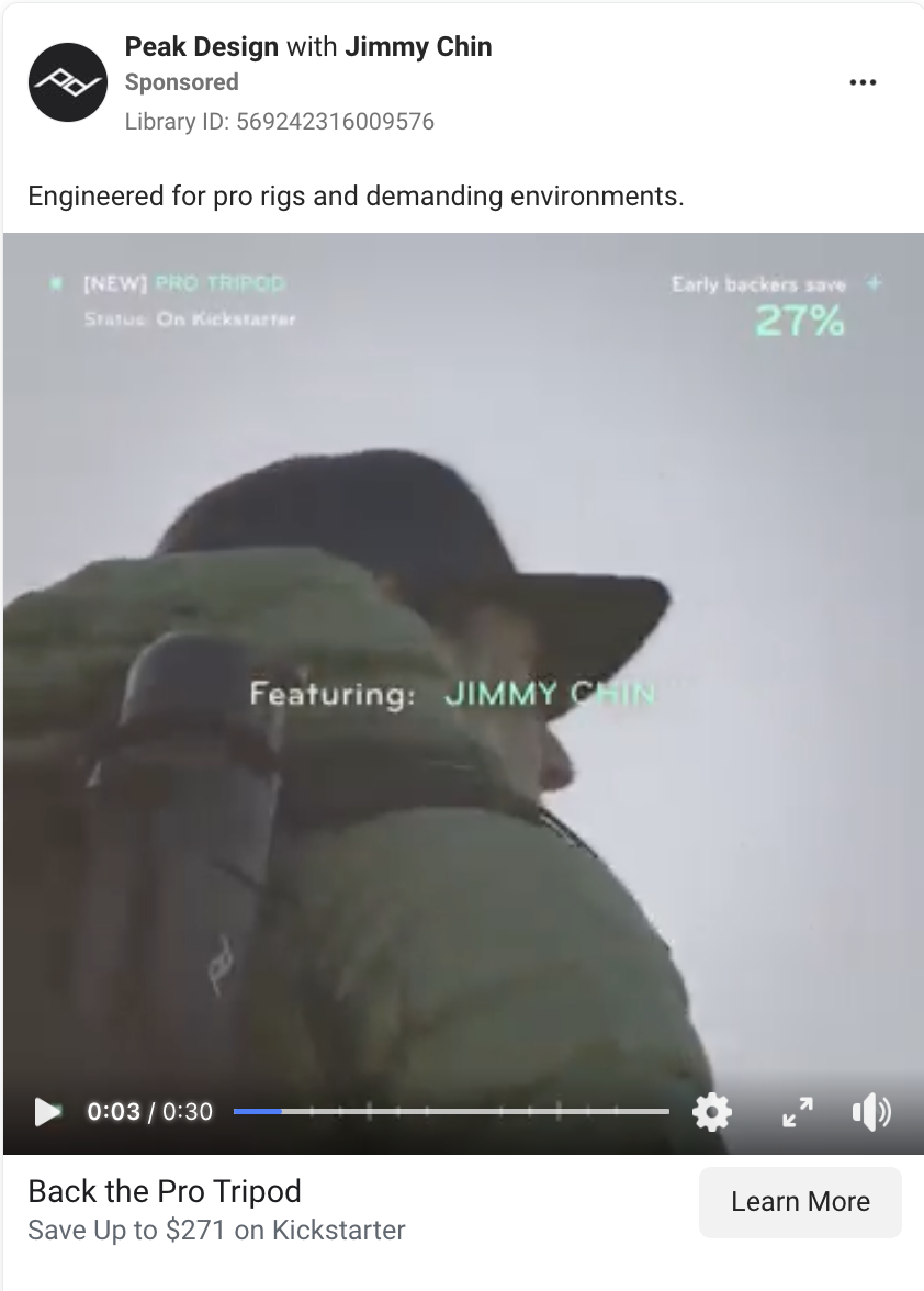 Storytelling video Facebook ad example from Peak Design. 