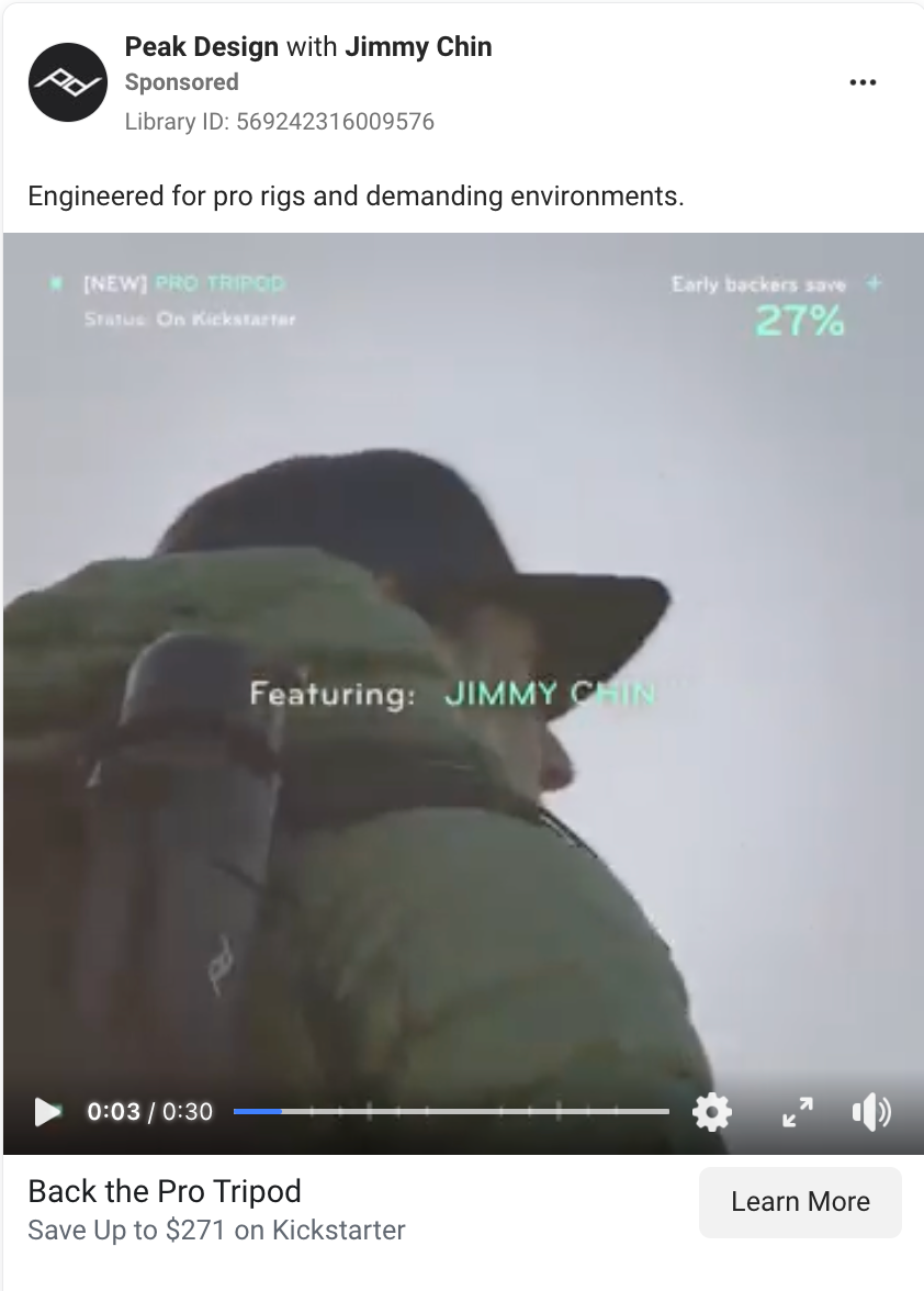 Storytelling video Facebook ad example from Peak Design. 