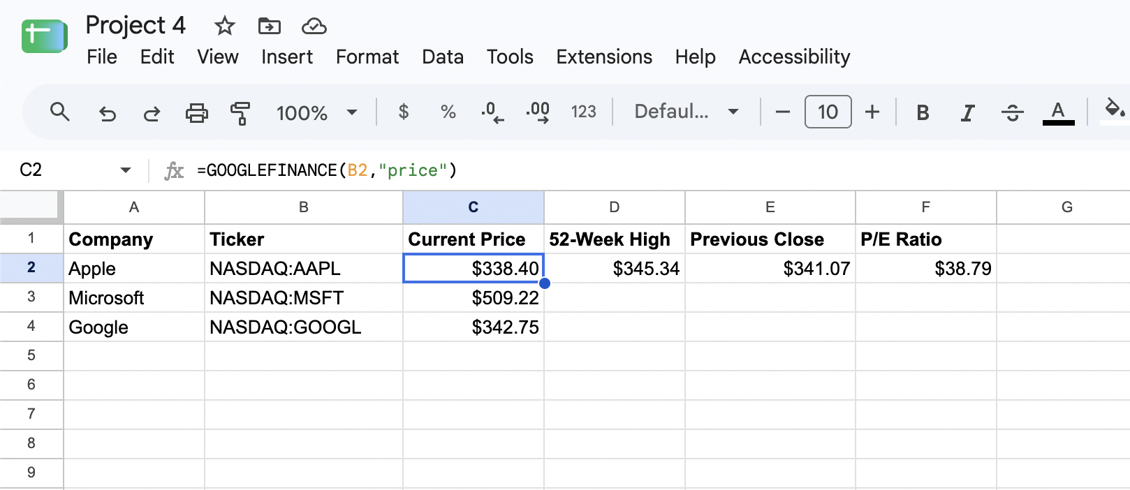 Using the GOOGLEFINANCE formula in Google Sheets
