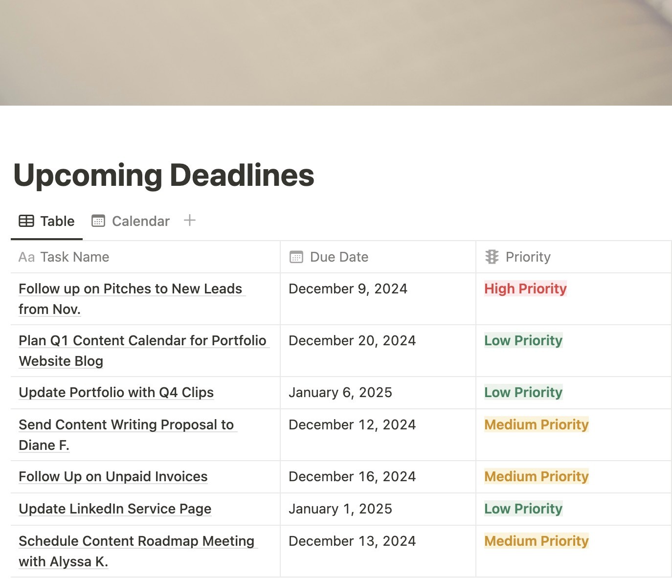 Nadira's Upcoming Deadlines Notion database